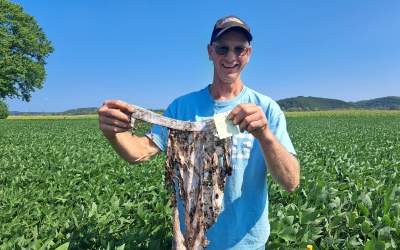 A person holding decomposed underwear demonstrating soil microbial activity in a crop field under a clear blue sky.